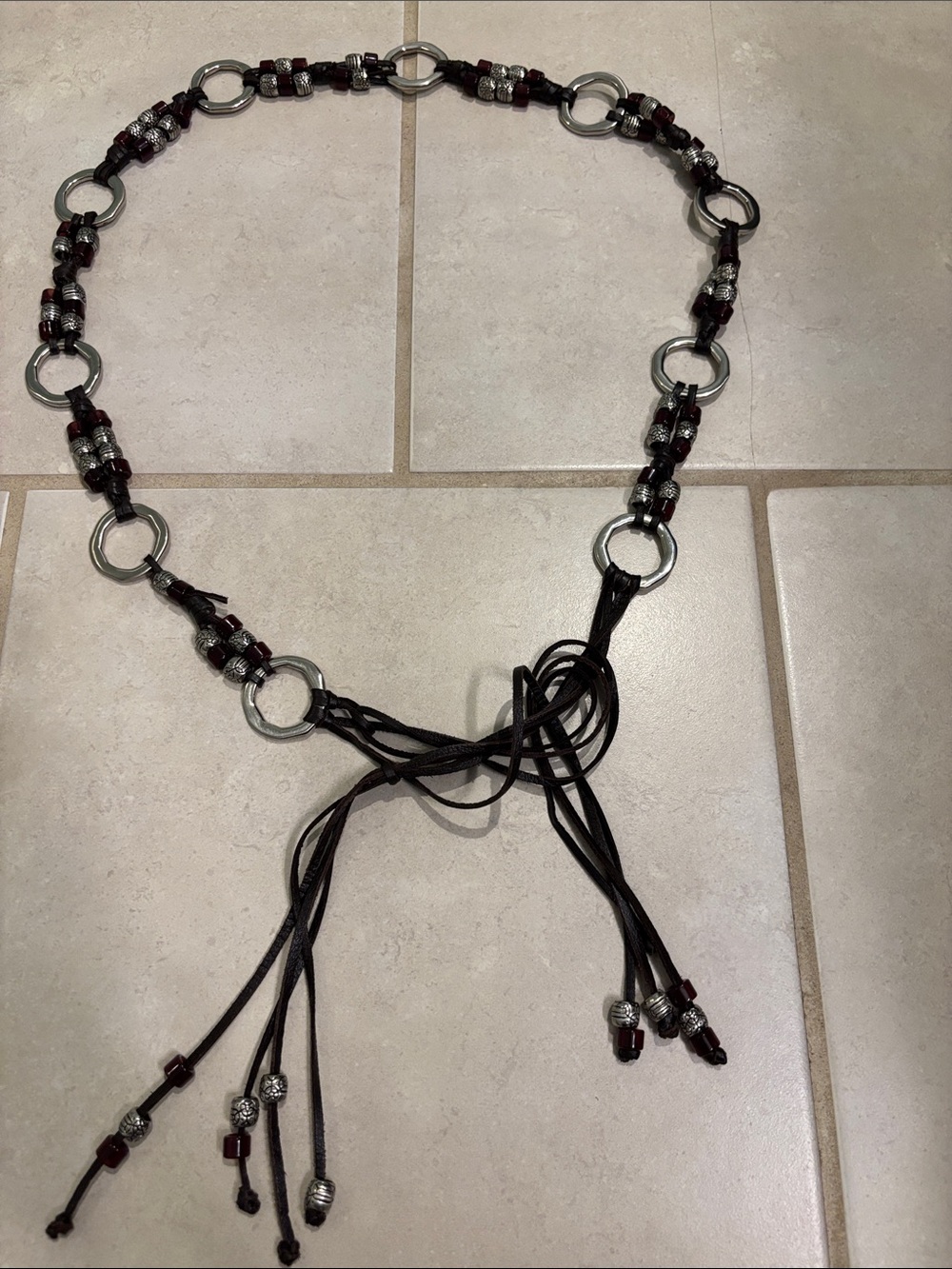 Boho Leather Ring & Bead Tassel Belt - Brown Silver tone Red Sz L